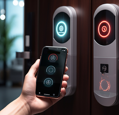 utilisation d'un téléphone intelligent mobile pour ouvrir la porte de sécurité et ouvrir la porte de sa maison.